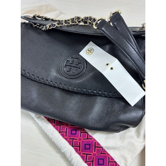 Tory Burch Marion Black Pebbled Leather 2-Way Whipstich Chain Strap Shoulder Bag - Picture 11 of 16